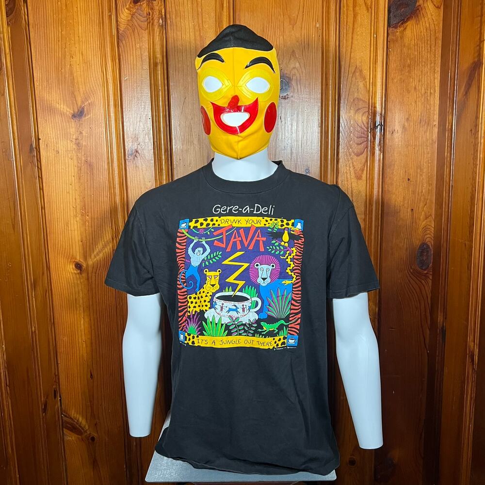 XL 90s Single Stitch Folk Art Graphic T Shirt Black Regular Fit
